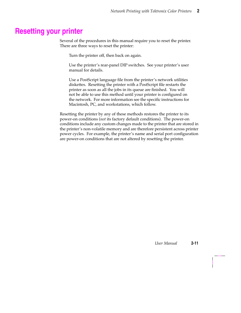 Resetting your printer | Tektronix 200 Series User Manual | Page 23 / 112