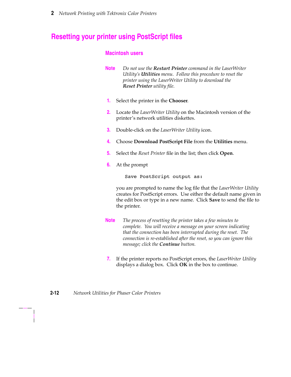 Resetting your printer using postscript files, Resetting your printer using postscript files 2-12, Resetting your printer using postscript þles | Tektronix 200 Series User Manual | Page 24 / 112