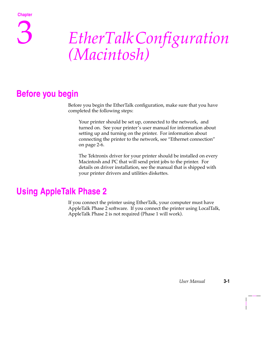 Ethertalk configuration (macintosh), Before you begin, Using appletalk phase 2 | Tektronix 200 Series User Manual | Page 27 / 112