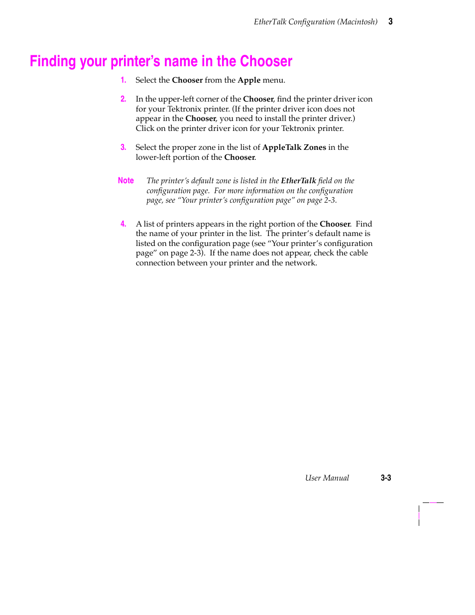 Finding your printer’s name in the chooser, Finding your printerõs name in the chooser | Tektronix 200 Series User Manual | Page 29 / 112