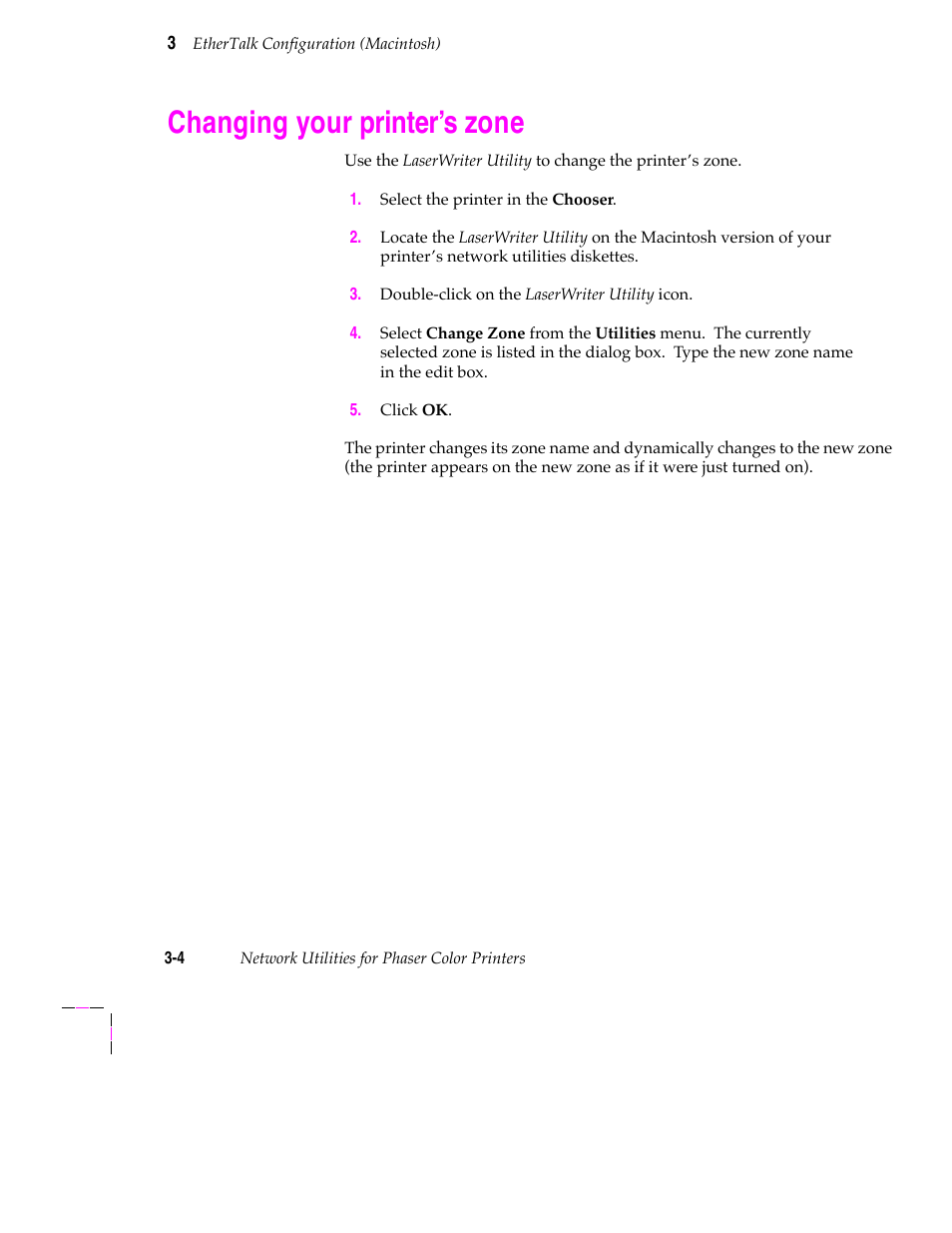 Changing your printer’s zone, Changing your printerõs zone | Tektronix 200 Series User Manual | Page 30 / 112