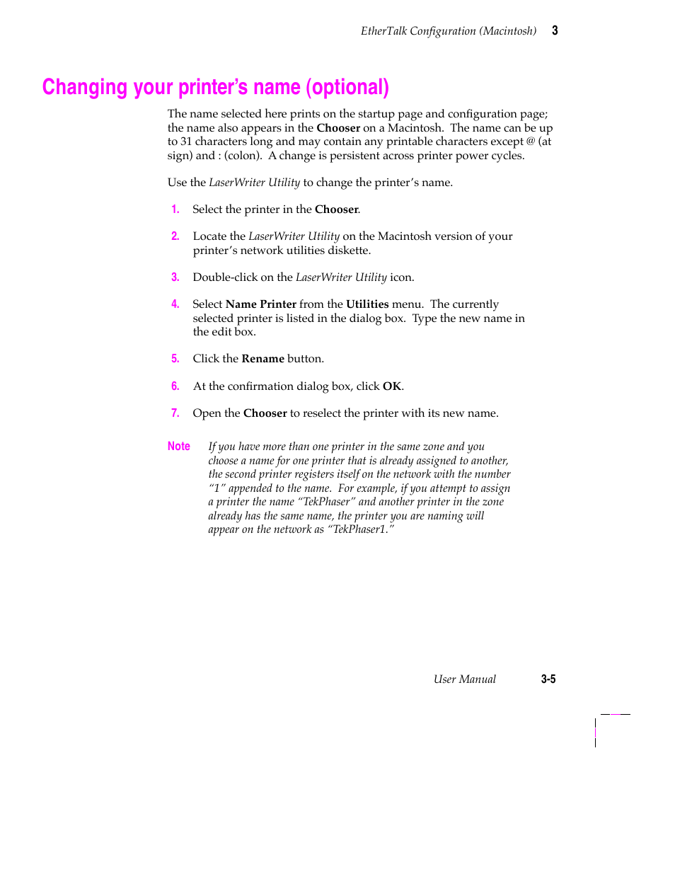 Changing your printer’s name (optional), Ethertalk configuration (macintosh), Disabling protocols 3-7 | Changing your printerõs name (optional) | Tektronix 200 Series User Manual | Page 31 / 112