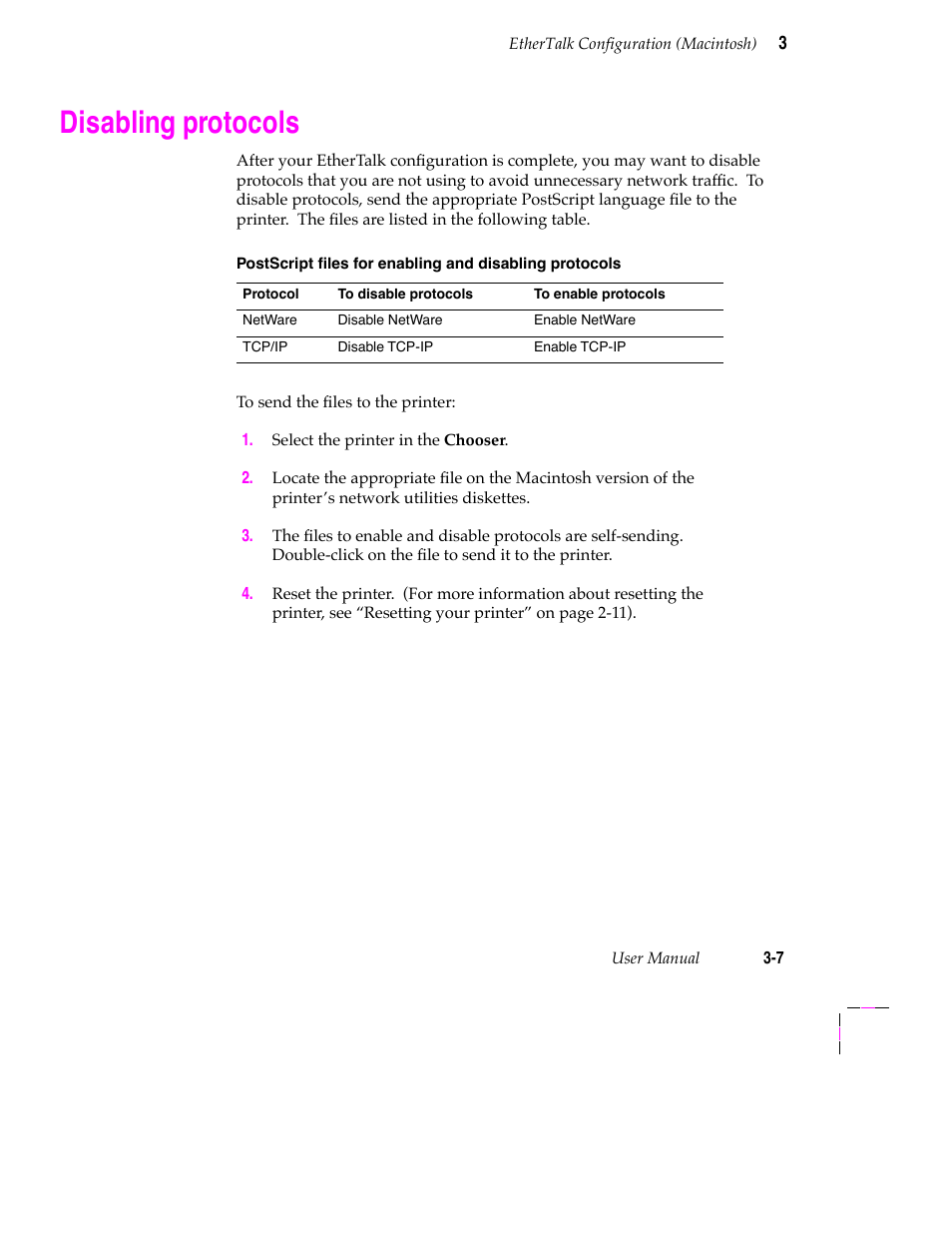 Disabling protocols, Using appletalk phase 2 3-1, Printer name and appletalk zones 3-6 | Tektronix 200 Series User Manual | Page 33 / 112