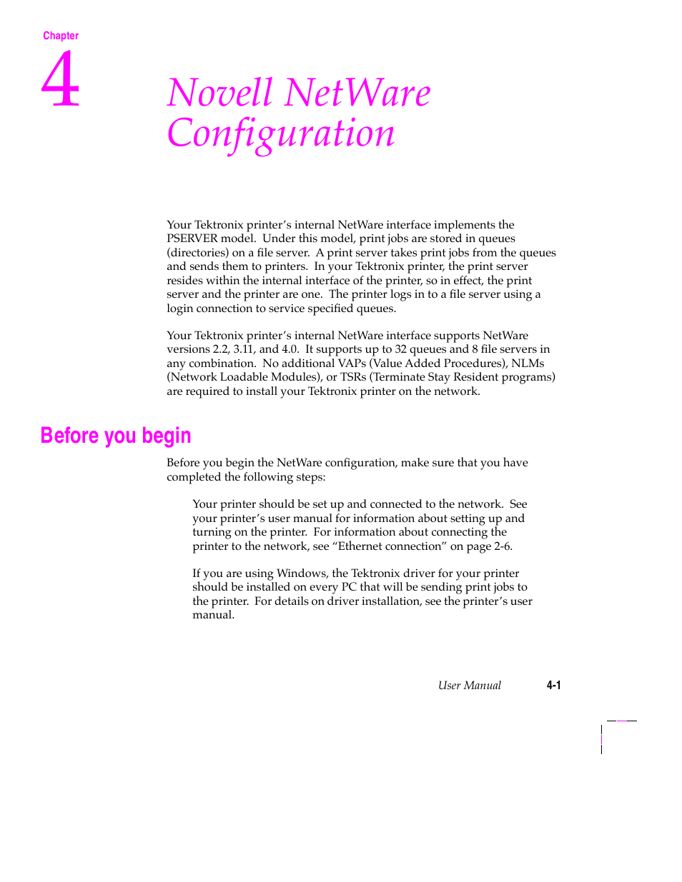 Novell netware configuration, Before you begin | Tektronix 200 Series User Manual | Page 35 / 112