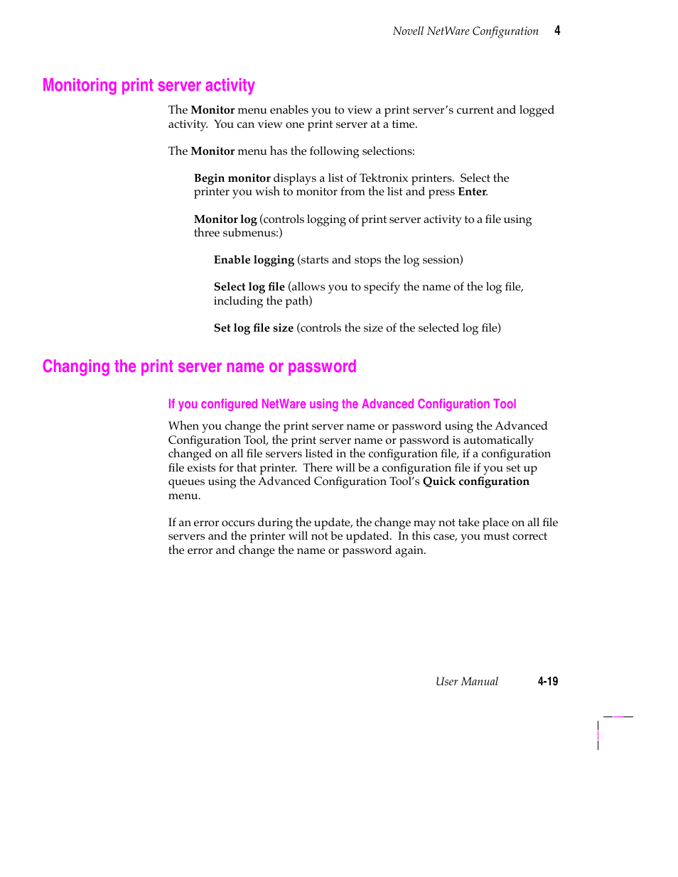 Monitoring print server activity, Changing the print server name or password, Changing the print server name or password 4-19 | Exiting the advanced configuration tool 4-20 | Tektronix 200 Series User Manual | Page 53 / 112