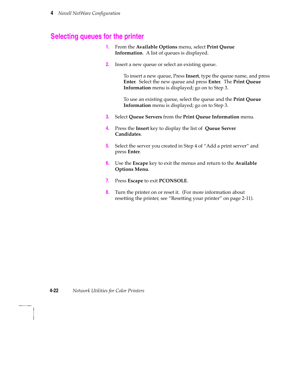 Selecting queues for the printer, Configure print server (printer) menu 4-15 | Tektronix 200 Series User Manual | Page 56 / 112