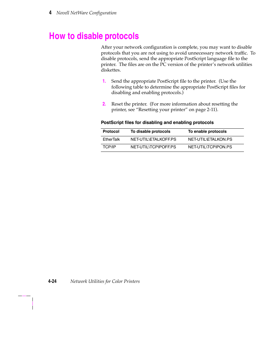 How to disable protocols, Selecting queues for the printer 4-22 | Tektronix 200 Series User Manual | Page 58 / 112