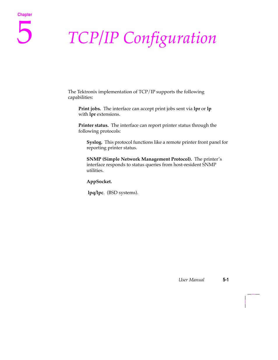 Tcp/ip configuration, Before you begin 5-2, Configuring your host 5-16 | Tektronix 200 Series User Manual | Page 65 / 112