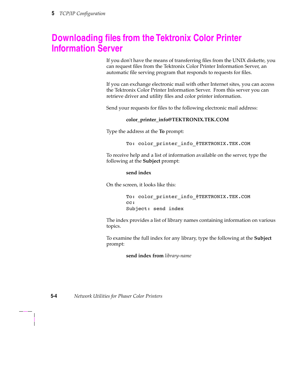 Lpr (bsd systems) 5-24, Solving printing problems 5-32 | Tektronix 200 Series User Manual | Page 68 / 112