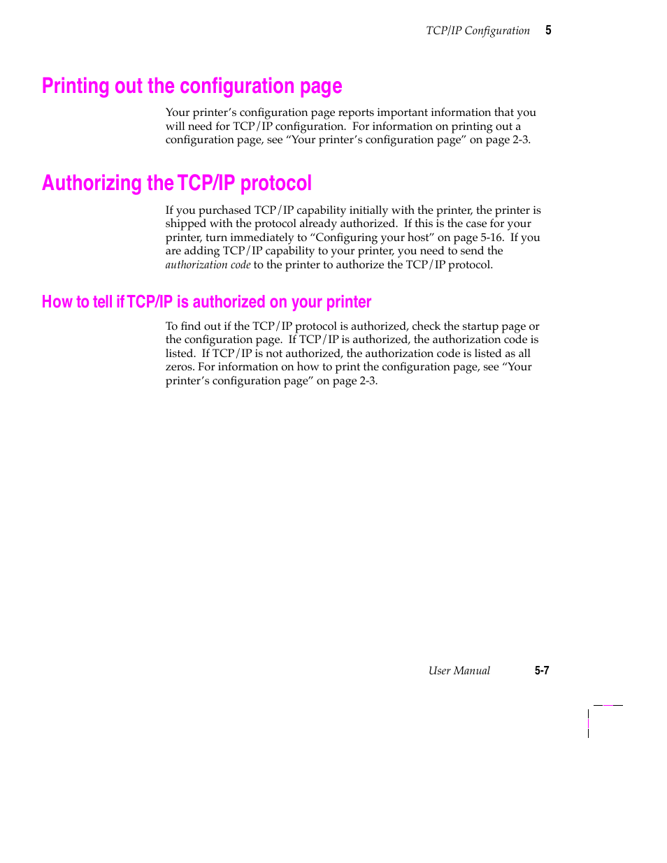 Authorizing the tcp/ip protocol, Printing out the conþguration page | Tektronix 200 Series User Manual | Page 71 / 112