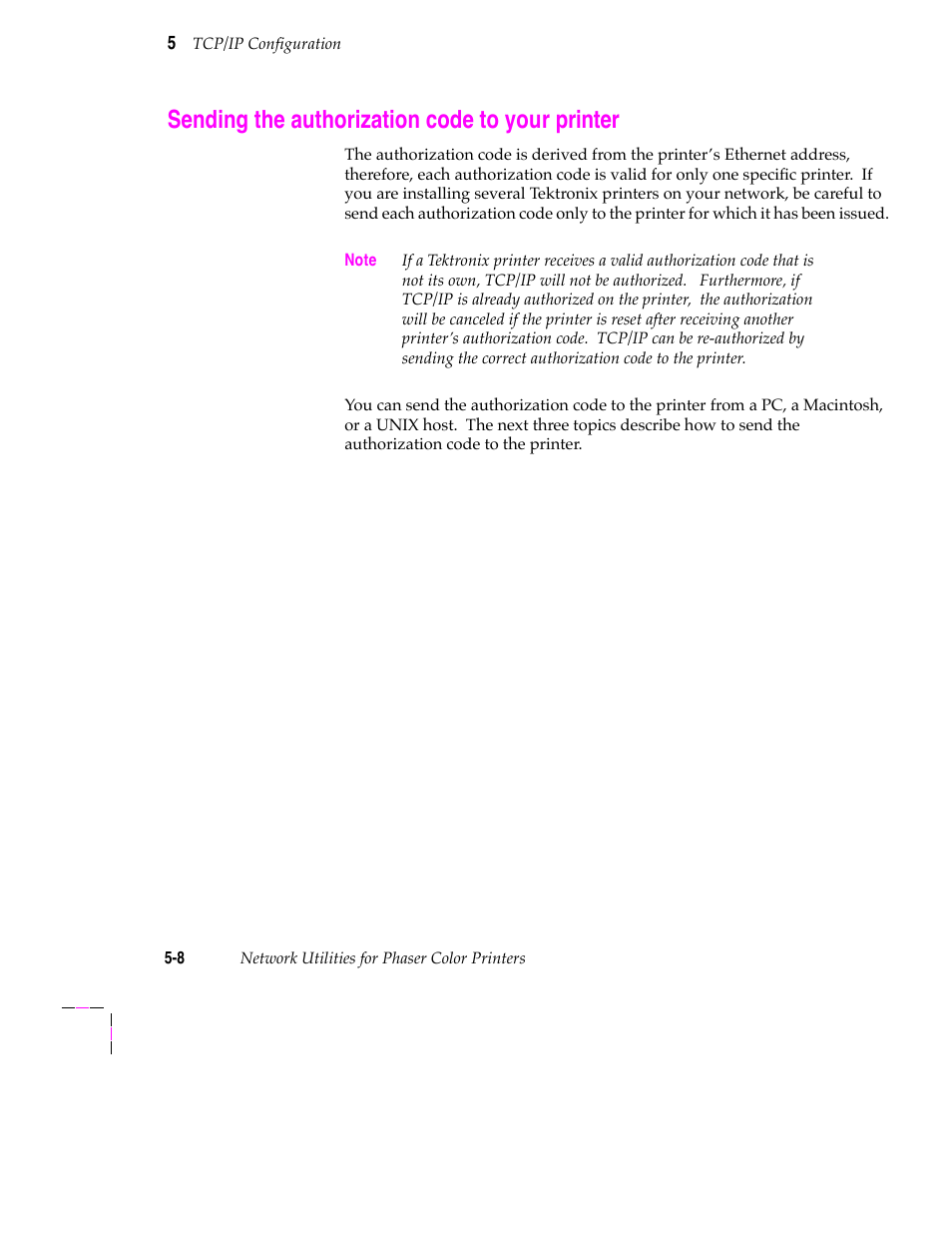 Sending the authorization code to your printer, Testing the network connection 5-31 | Tektronix 200 Series User Manual | Page 72 / 112