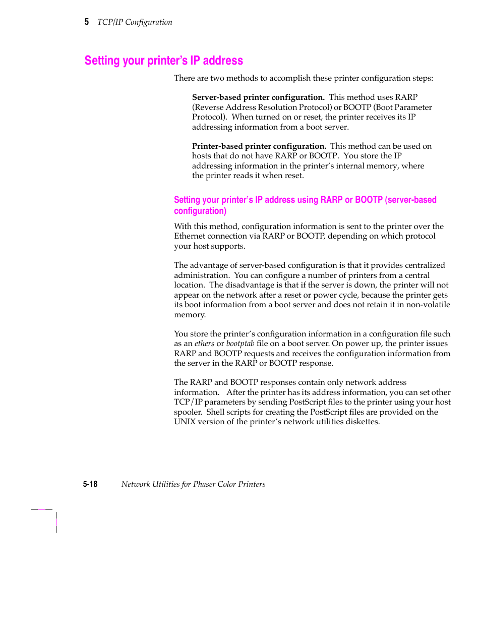 Setting your printer’s ip address, Authorizing the tcp/ip protocol 5-7, Authorizing tcp/ip from a macintosh 5-9 | Setting your printerõs ip address | Tektronix 200 Series User Manual | Page 82 / 112