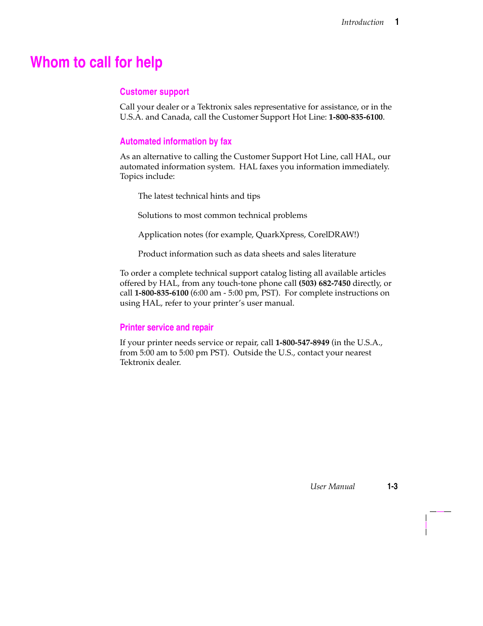Whom to call for help, Whom to call for help 1-3 | Tektronix 200 Series User Manual | Page 9 / 112