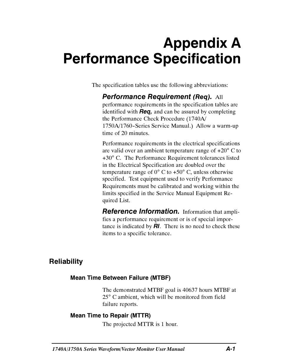 Appendix a performance specification | Tektronix 1740A/1750A User Manual | Page 101 / 143