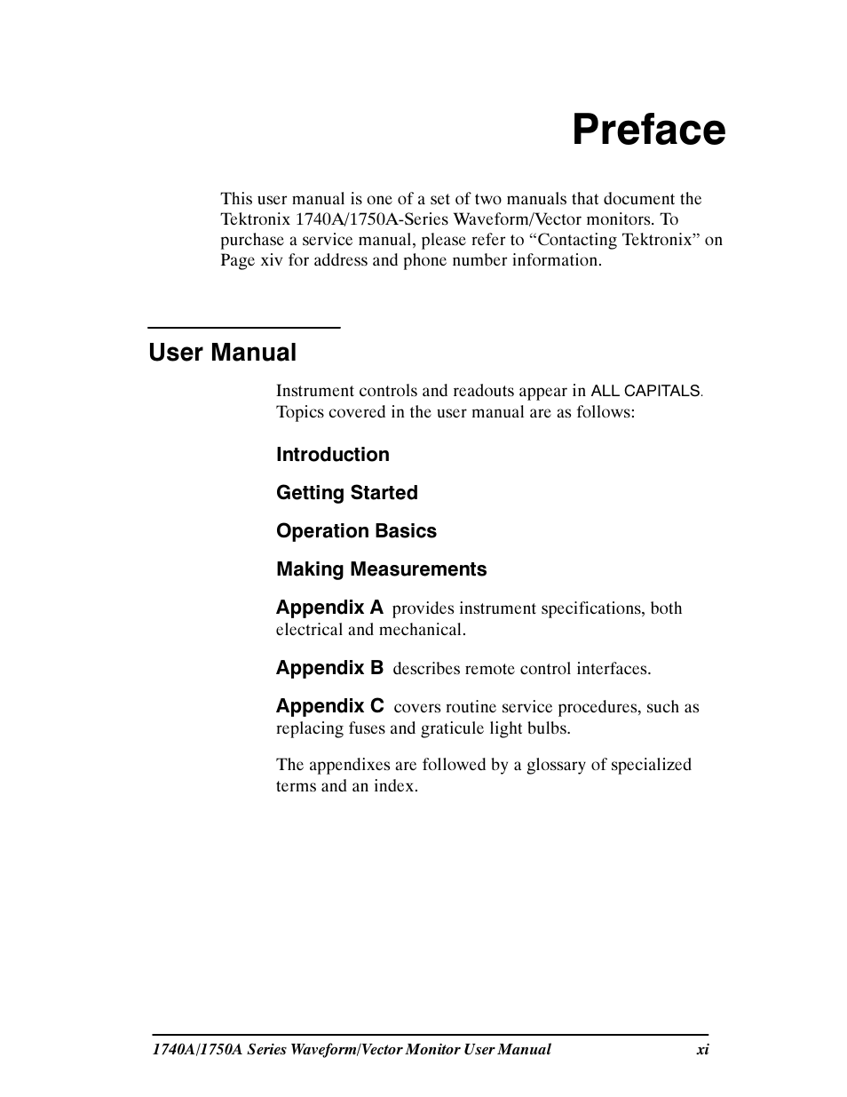 Preface, User manual | Tektronix 1740A/1750A User Manual | Page 11 / 143
