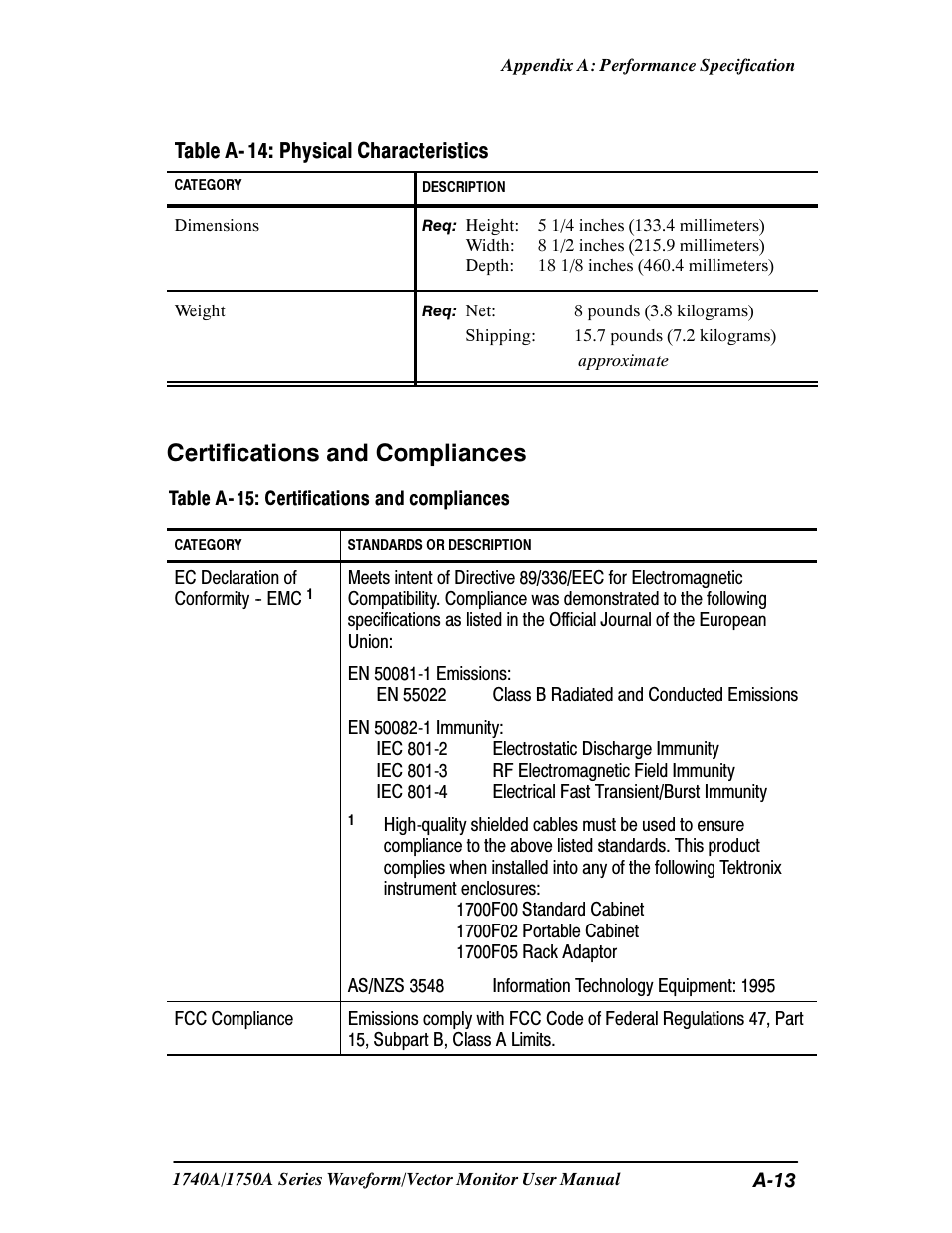 Certifications and compliances, Table a- 14: physical characteristics | Tektronix 1740A/1750A User Manual | Page 113 / 143