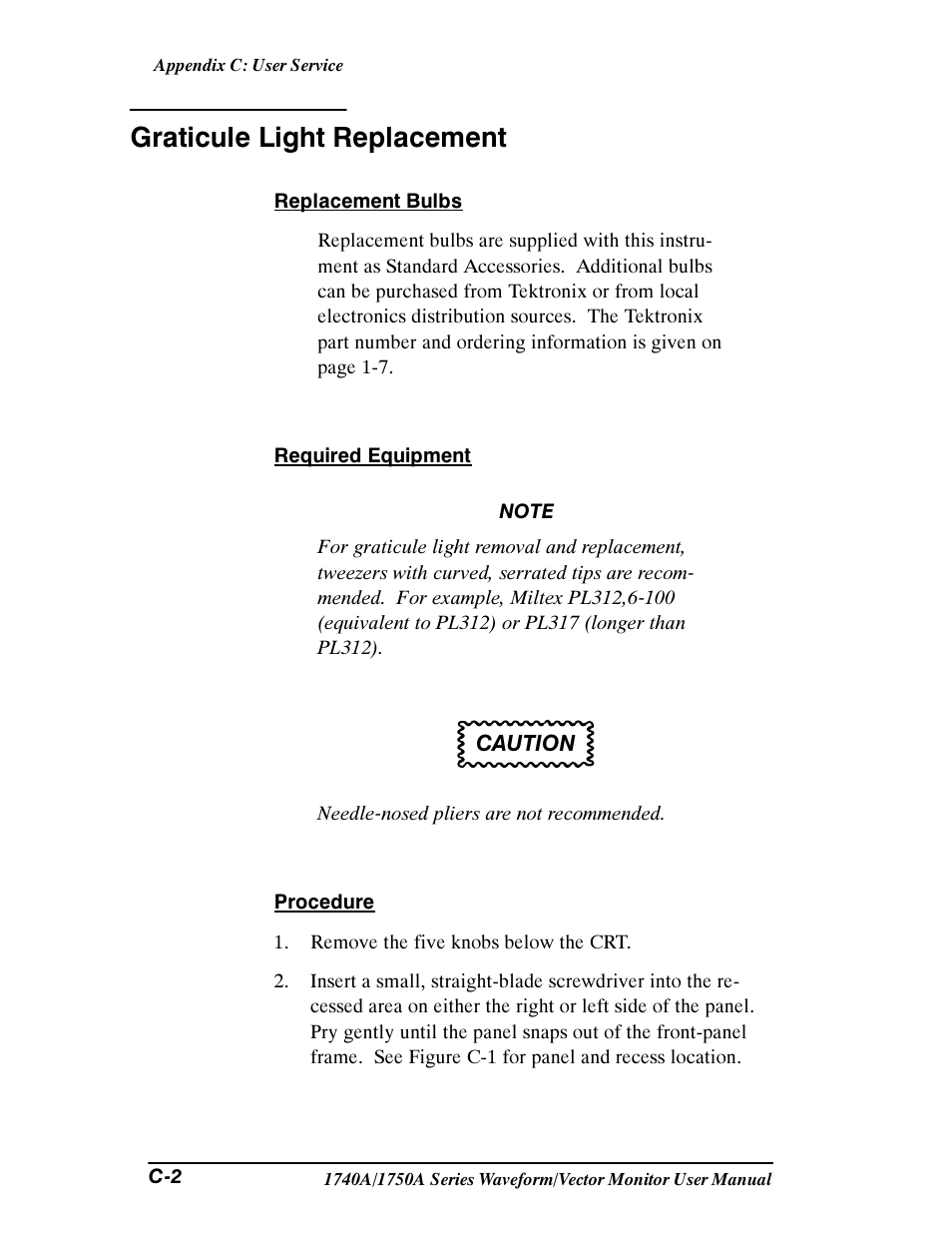 Graticule light replacement | Tektronix 1740A/1750A User Manual | Page 122 / 143