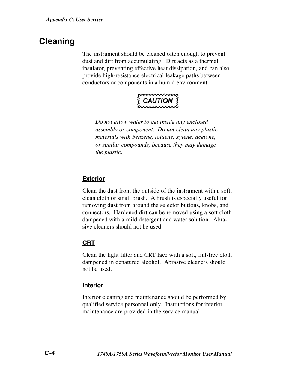 Cleaning | Tektronix 1740A/1750A User Manual | Page 124 / 143