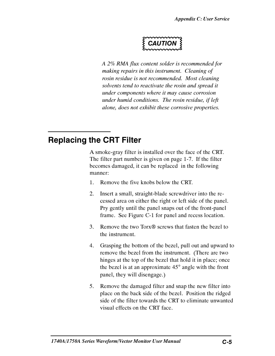 Replacing the crt filter | Tektronix 1740A/1750A User Manual | Page 125 / 143