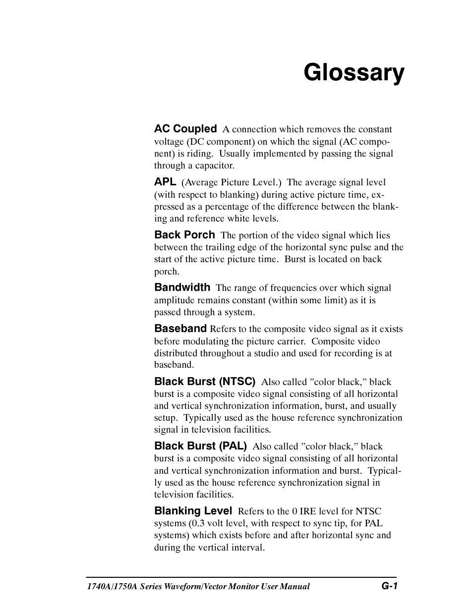 Glossary | Tektronix 1740A/1750A User Manual | Page 130 / 143