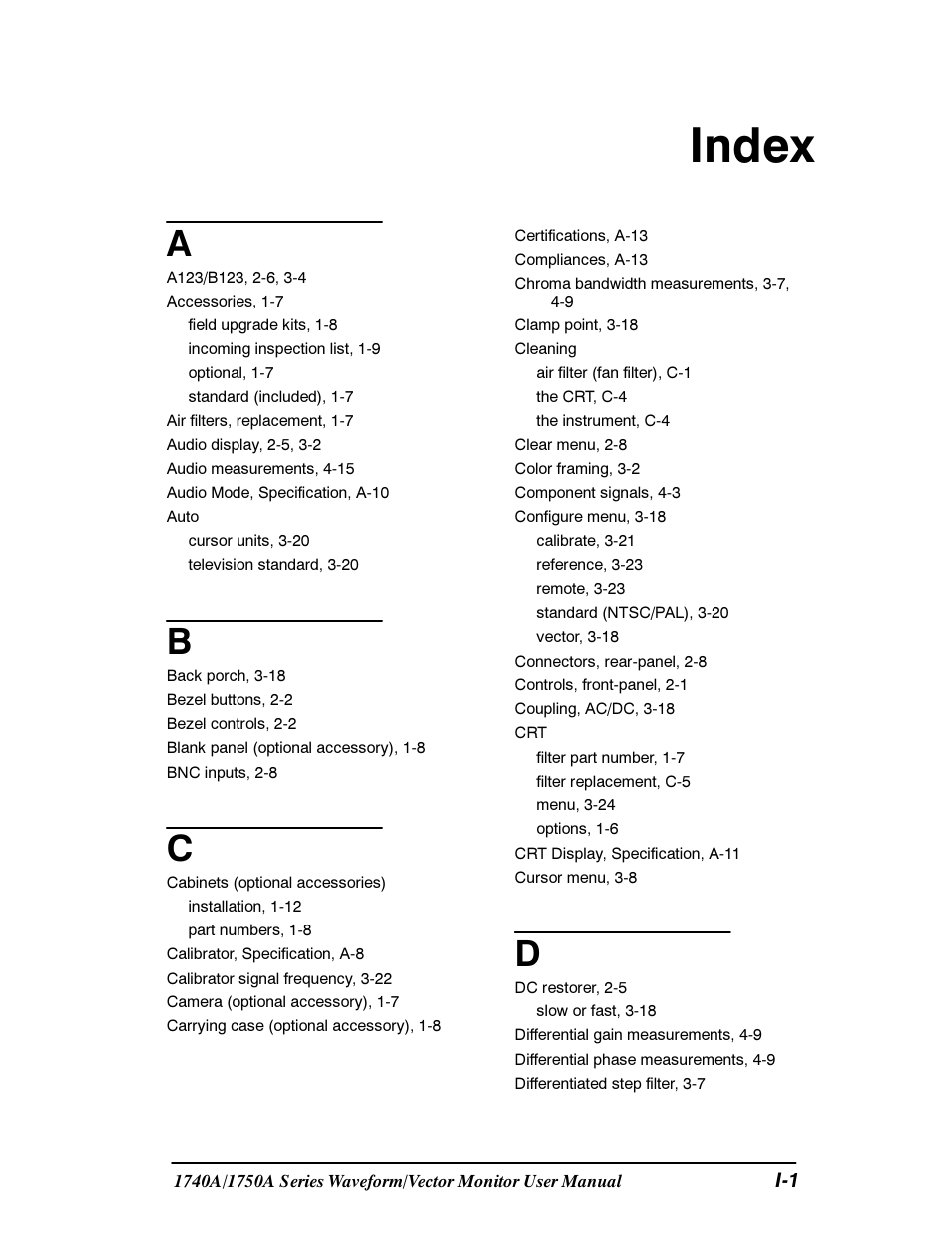 Index | Tektronix 1740A/1750A User Manual | Page 140 / 143