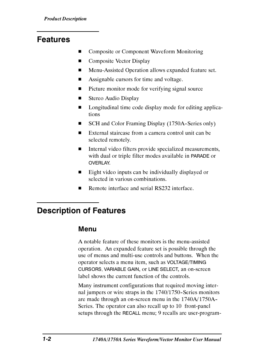 Features, Description of features, Menu | Tektronix 1740A/1750A User Manual | Page 17 / 143