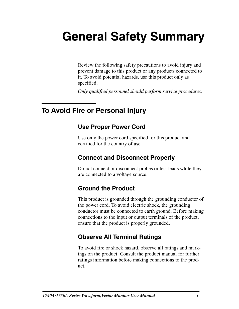 General safety summary, To avoid fire or personal injury | Tektronix 1740A/1750A User Manual | Page 2 / 143