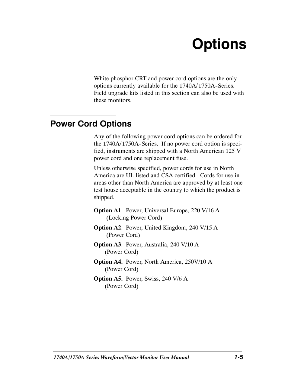 Options, Power cord options | Tektronix 1740A/1750A User Manual | Page 20 / 143