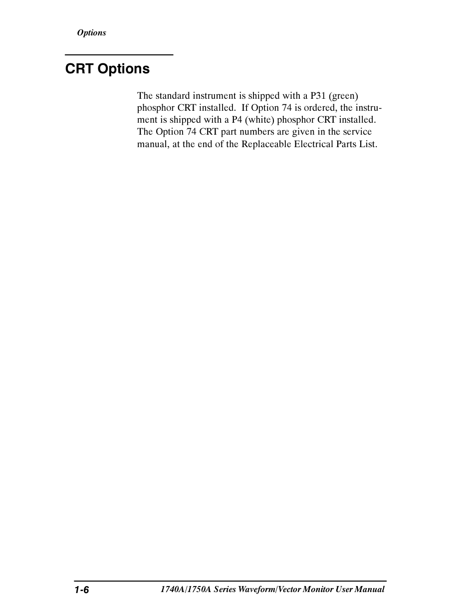 Crt options | Tektronix 1740A/1750A User Manual | Page 21 / 143