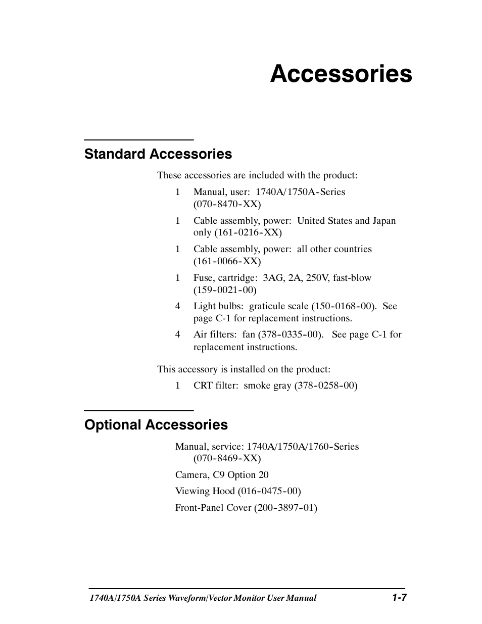Accessories, Standard accessories, Optional accessories | Tektronix 1740A/1750A User Manual | Page 22 / 143