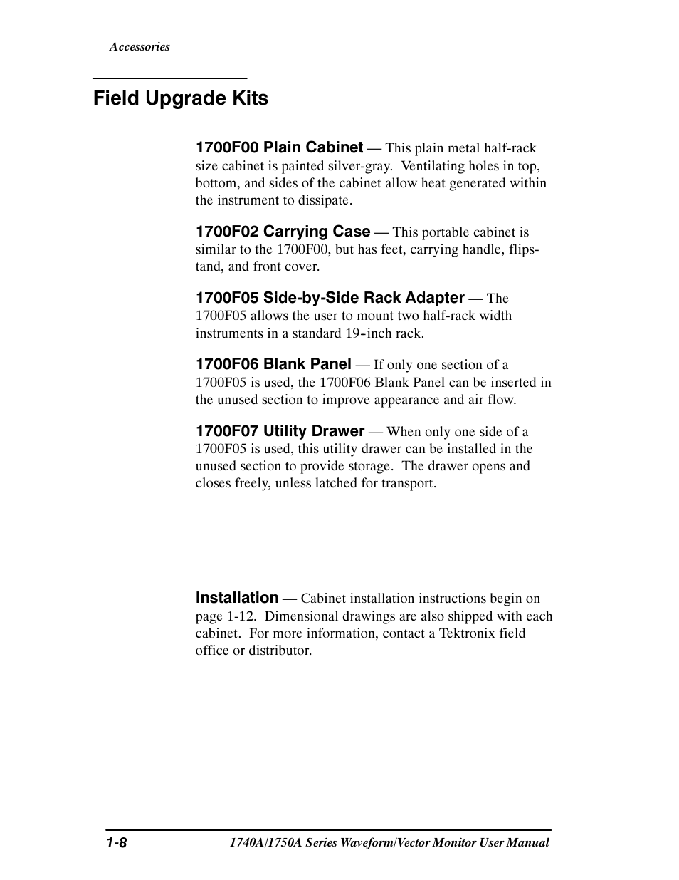 Field upgrade kits | Tektronix 1740A/1750A User Manual | Page 23 / 143