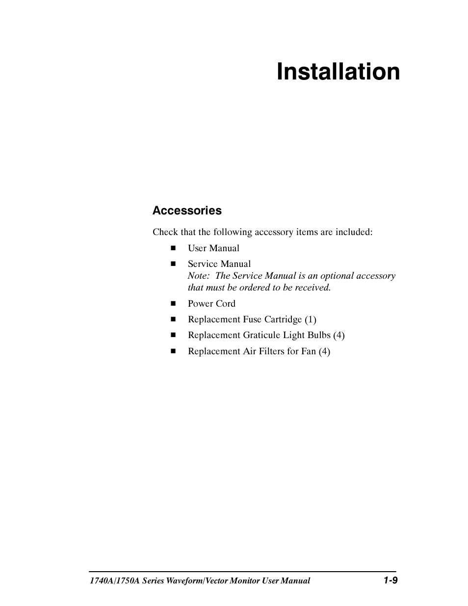 Installation | Tektronix 1740A/1750A User Manual | Page 24 / 143