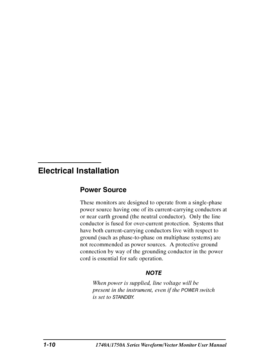 Electrical installation, Power source | Tektronix 1740A/1750A User Manual | Page 25 / 143