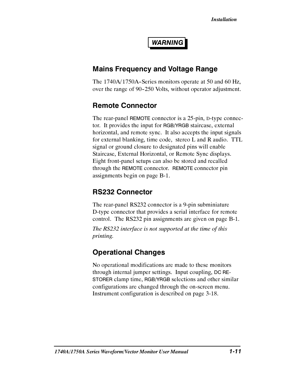 Mains frequency and voltage range, Remote connector, Rs232 connector | Operational changes | Tektronix 1740A/1750A User Manual | Page 26 / 143