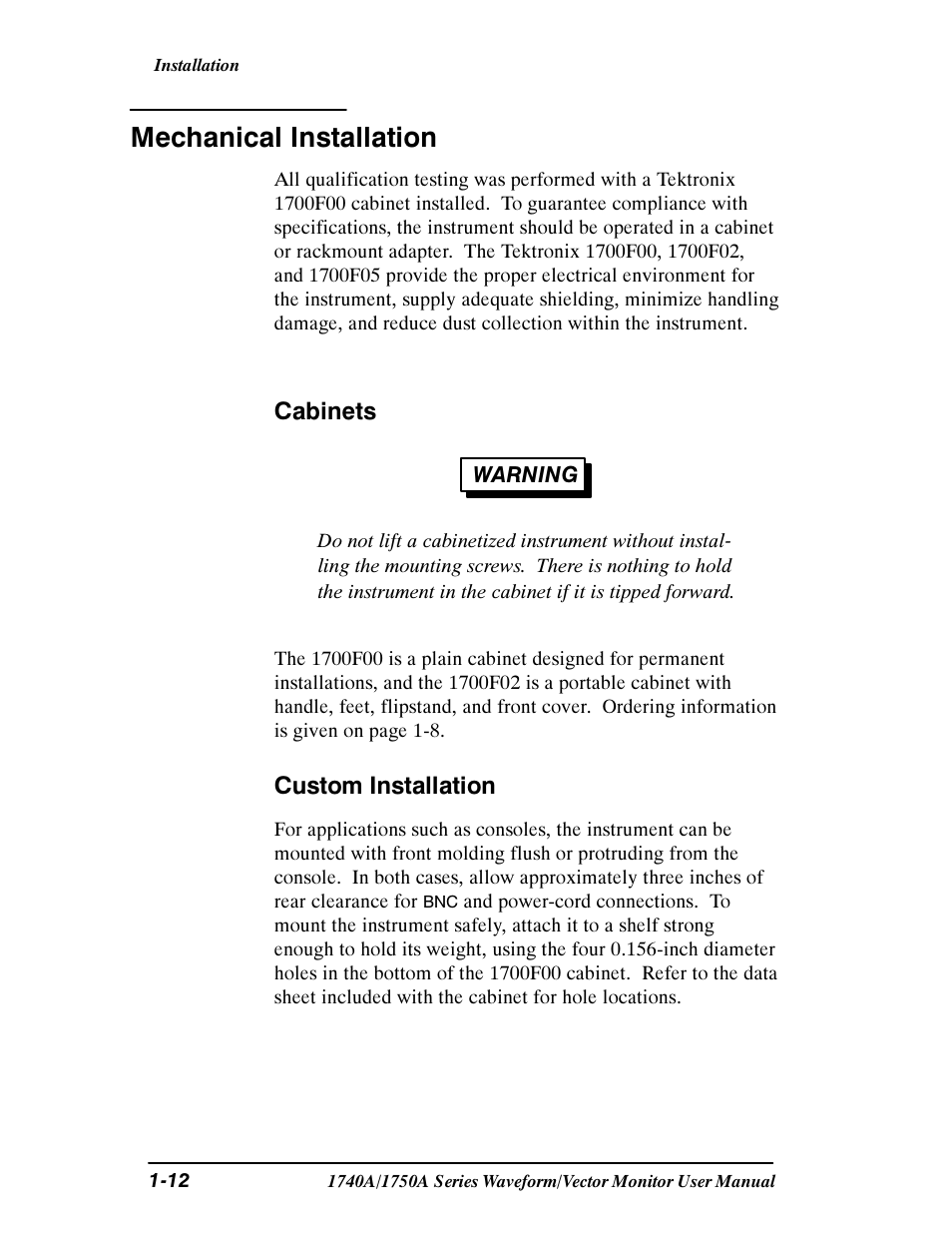 Mechanical installation, Cabinets, Custom installation | Tektronix 1740A/1750A User Manual | Page 27 / 143