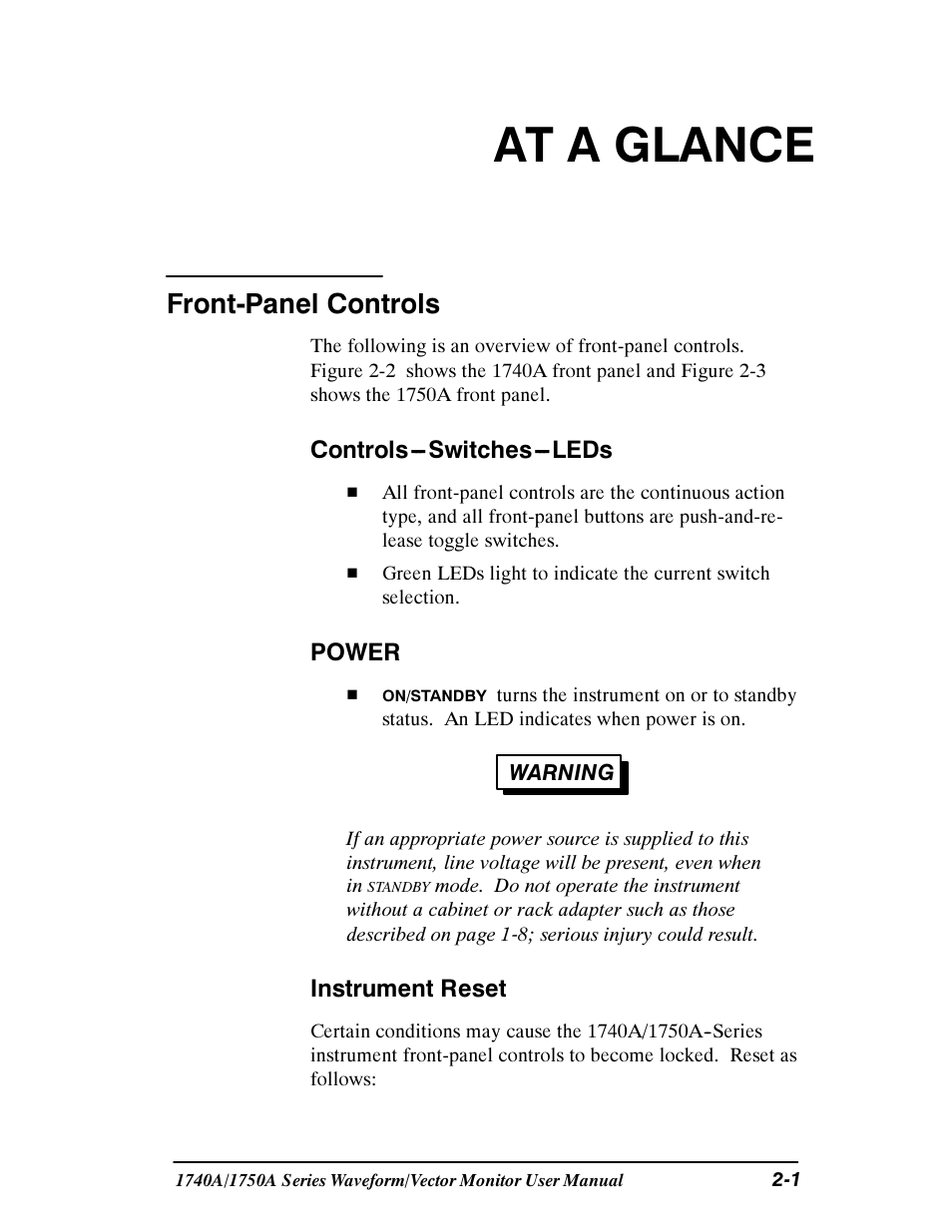 At a glance, Front- panel controls, Front-panel controls | Tektronix 1740A/1750A User Manual | Page 31 / 143