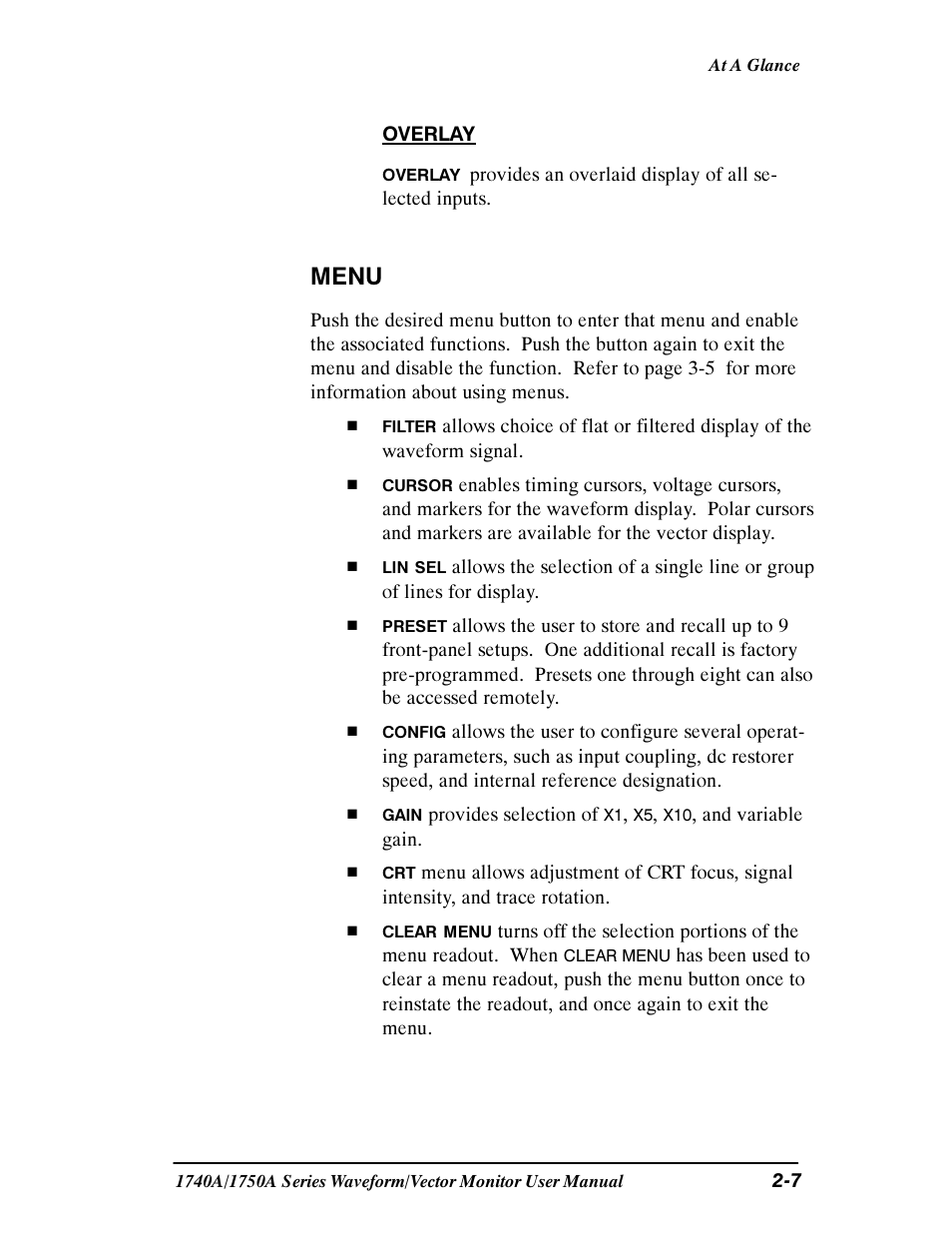 Menu | Tektronix 1740A/1750A User Manual | Page 37 / 143