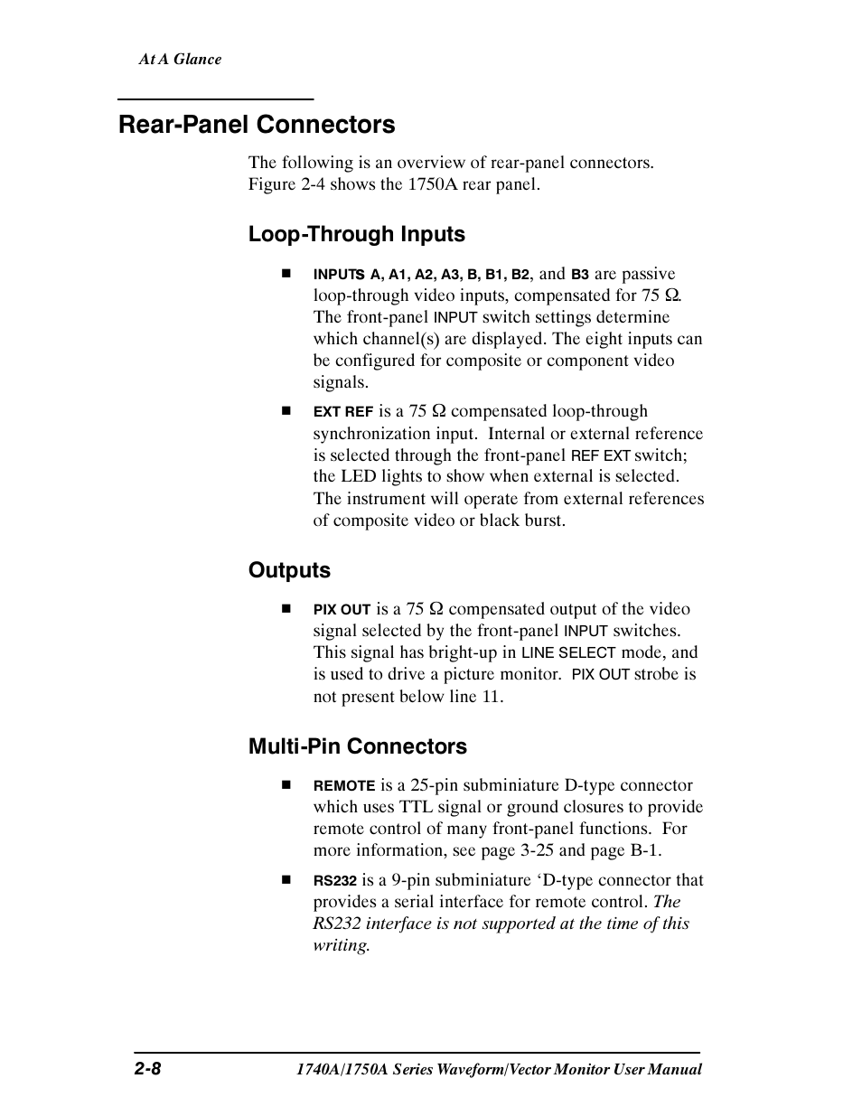 Rear-panel connectors, Loop-through inputs, Outputs | Multi-pin connectors | Tektronix 1740A/1750A User Manual | Page 38 / 143