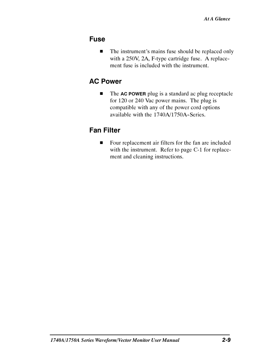 Fuse, Ac power, Fan filter | Tektronix 1740A/1750A User Manual | Page 39 / 143