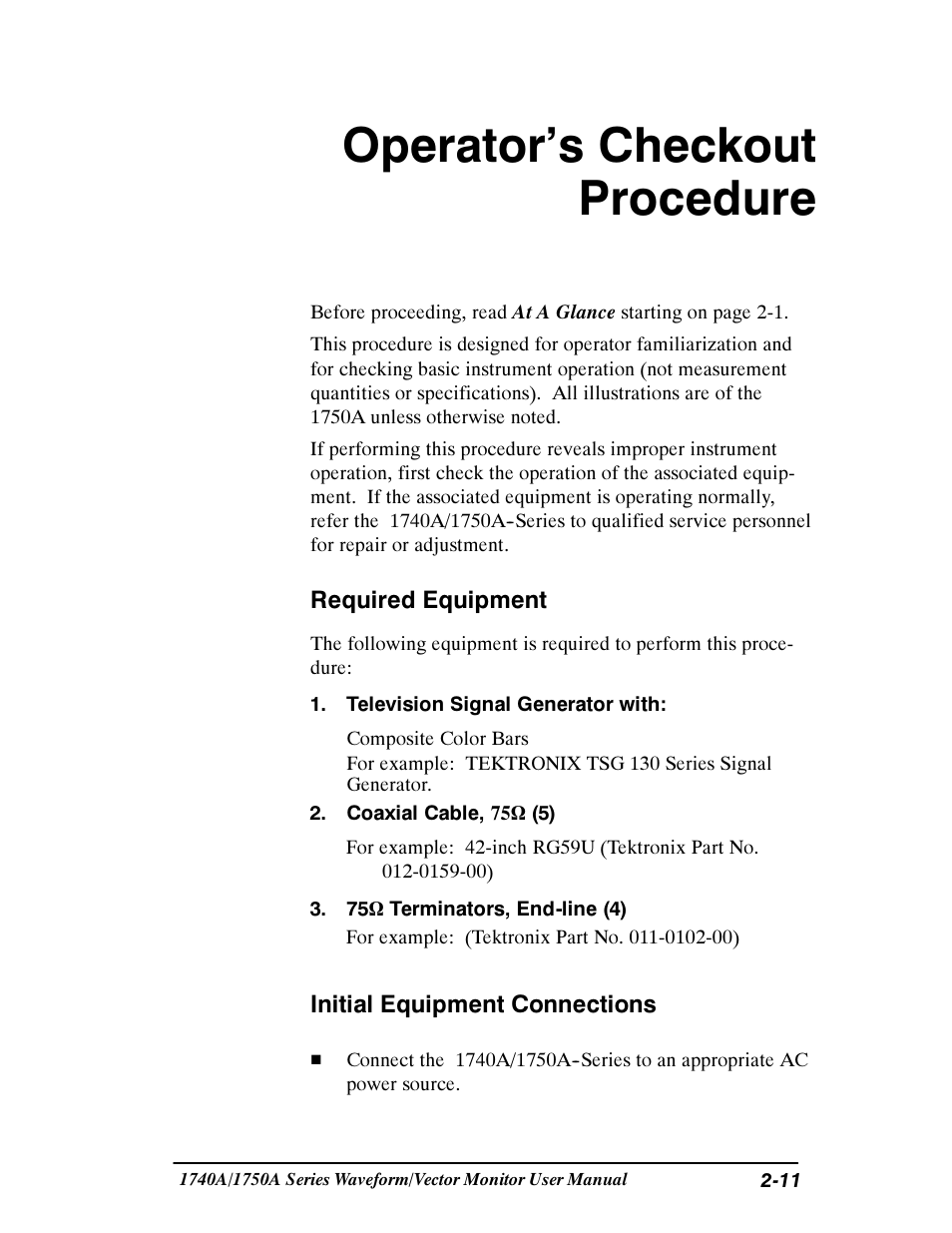 Operator’s checkout procedure | Tektronix 1740A/1750A User Manual | Page 41 / 143