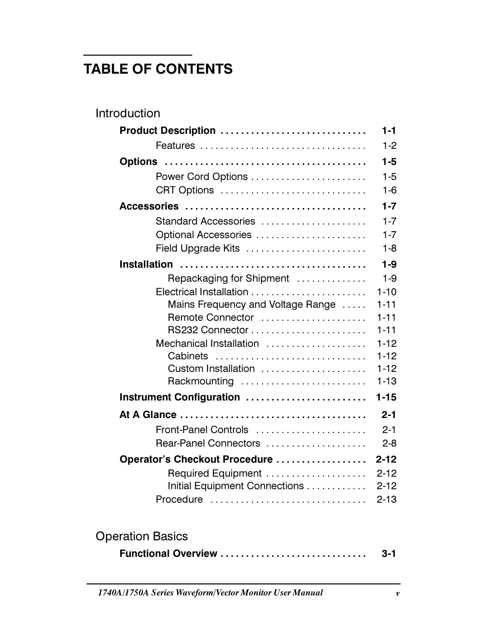 Tektronix 1740A/1750A User Manual | Page 5 / 143