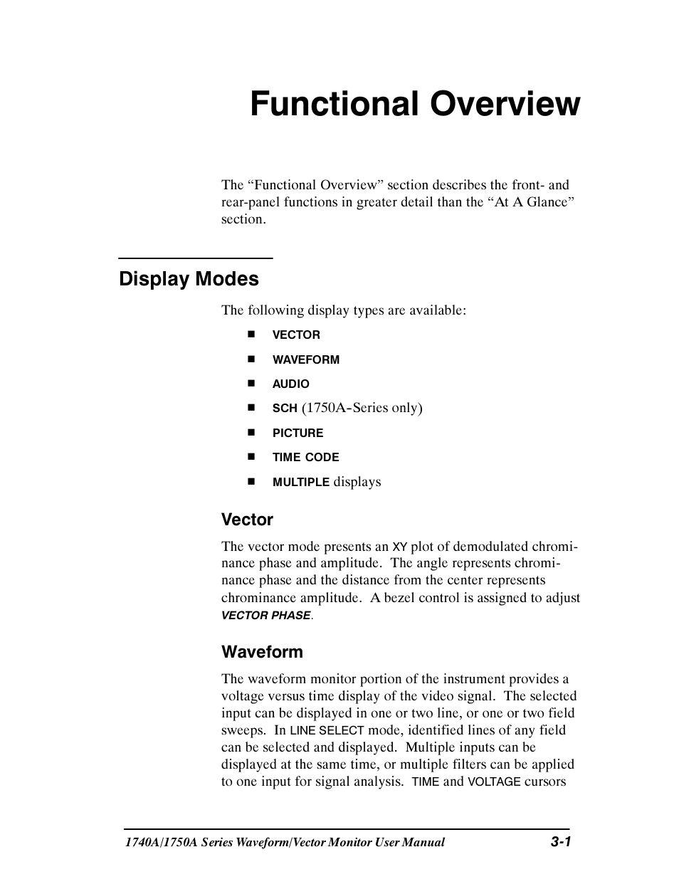 Functional overview, Display modes, Vector | Waveform | Tektronix 1740A/1750A User Manual | Page 56 / 143