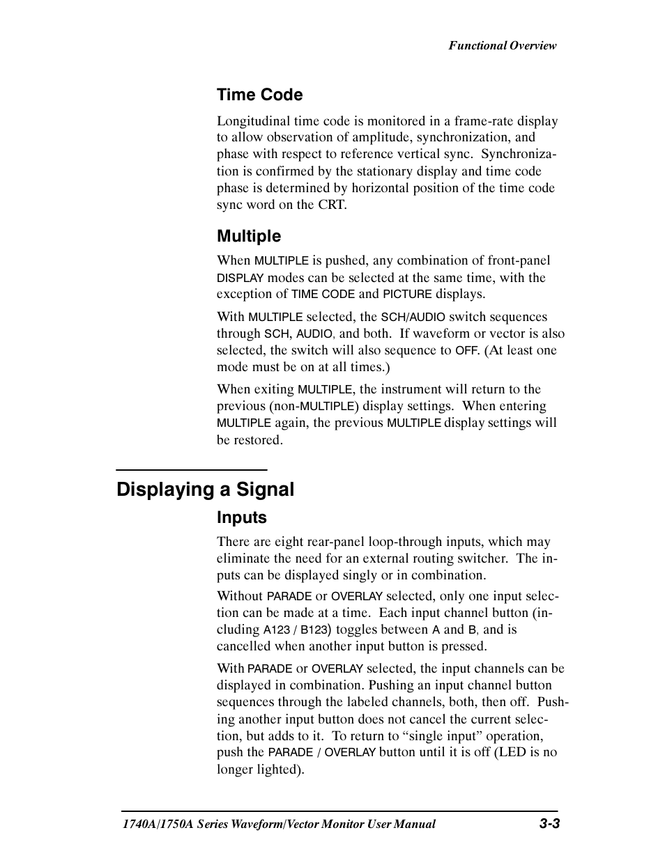Displaying a signal, Time code, Multiple | Inputs | Tektronix 1740A/1750A User Manual | Page 58 / 143