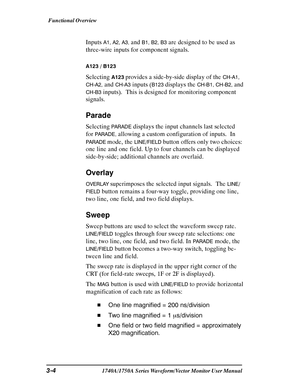 Parade, Overlay, Sweep | Tektronix 1740A/1750A User Manual | Page 59 / 143
