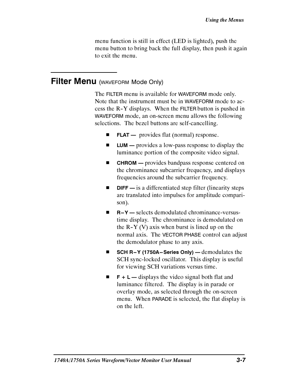 Filter menu | Tektronix 1740A/1750A User Manual | Page 62 / 143
