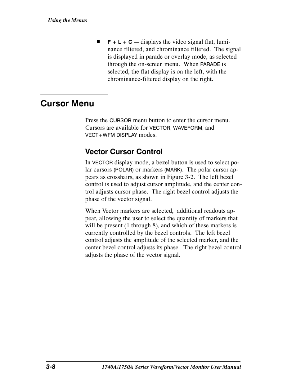 Cursor menu, Vector cursor control | Tektronix 1740A/1750A User Manual | Page 63 / 143