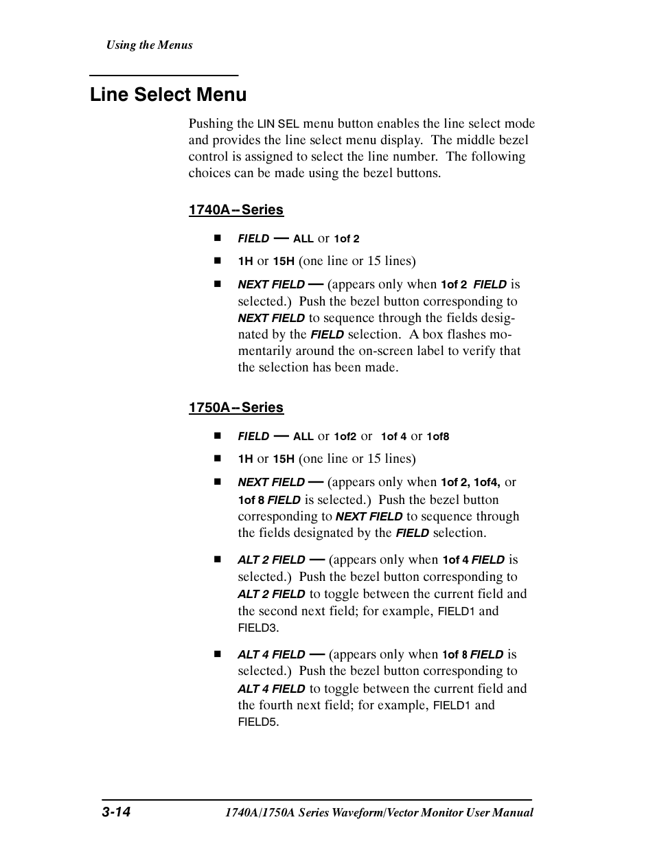 Line select menu | Tektronix 1740A/1750A User Manual | Page 69 / 143