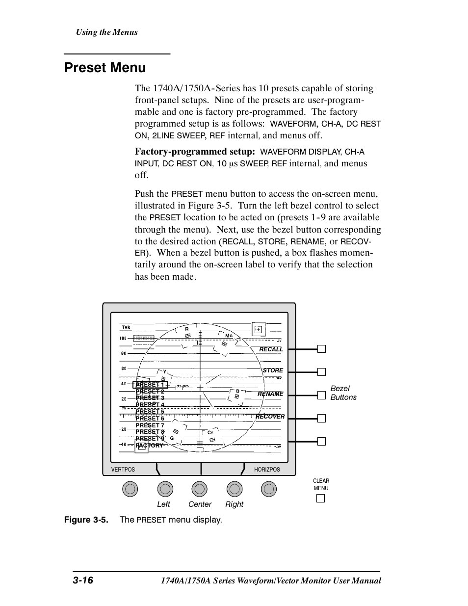 Preset menu, Internal, And menus off. factory-programmed setup | And menus off. push the | Tektronix 1740A/1750A User Manual | Page 71 / 143