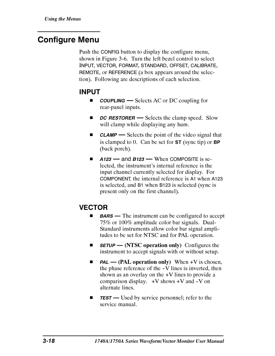 Configure menu, Input, Vector | Tektronix 1740A/1750A User Manual | Page 73 / 143