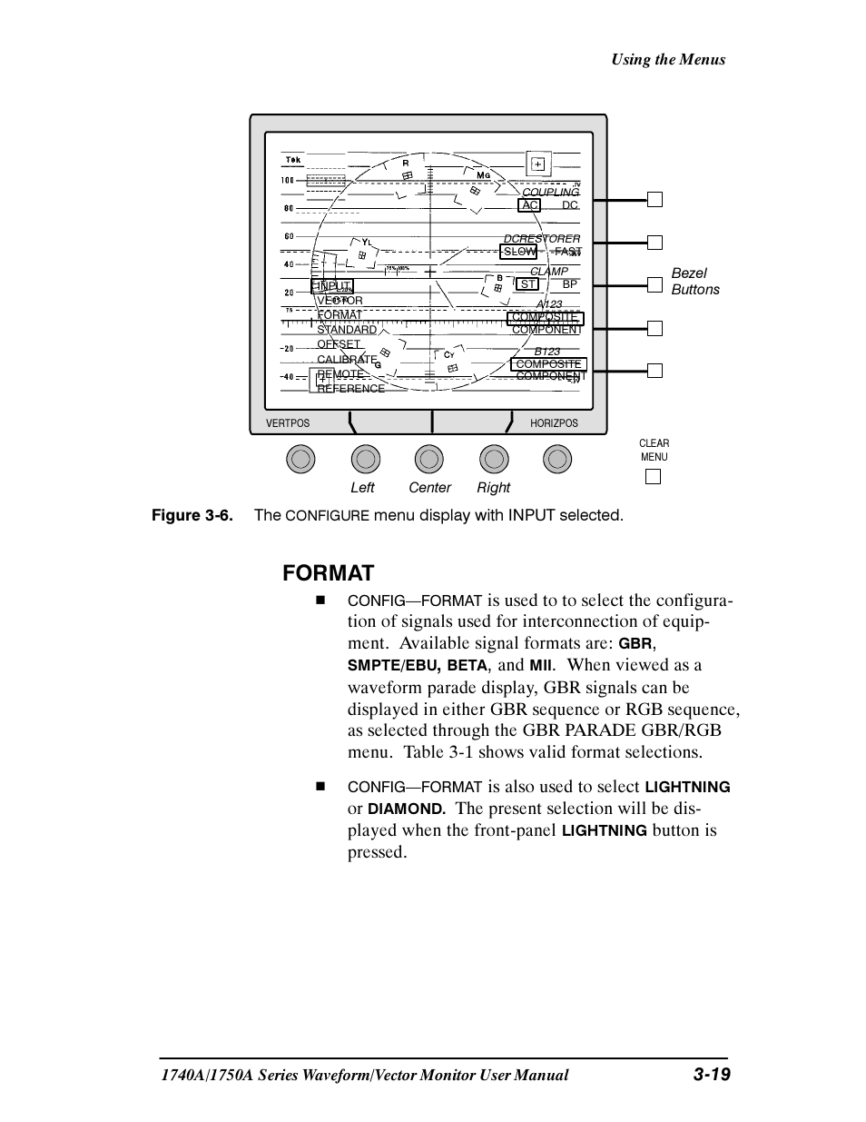 Format, Is also used to select, Button is pressed | Tektronix 1740A/1750A User Manual | Page 74 / 143